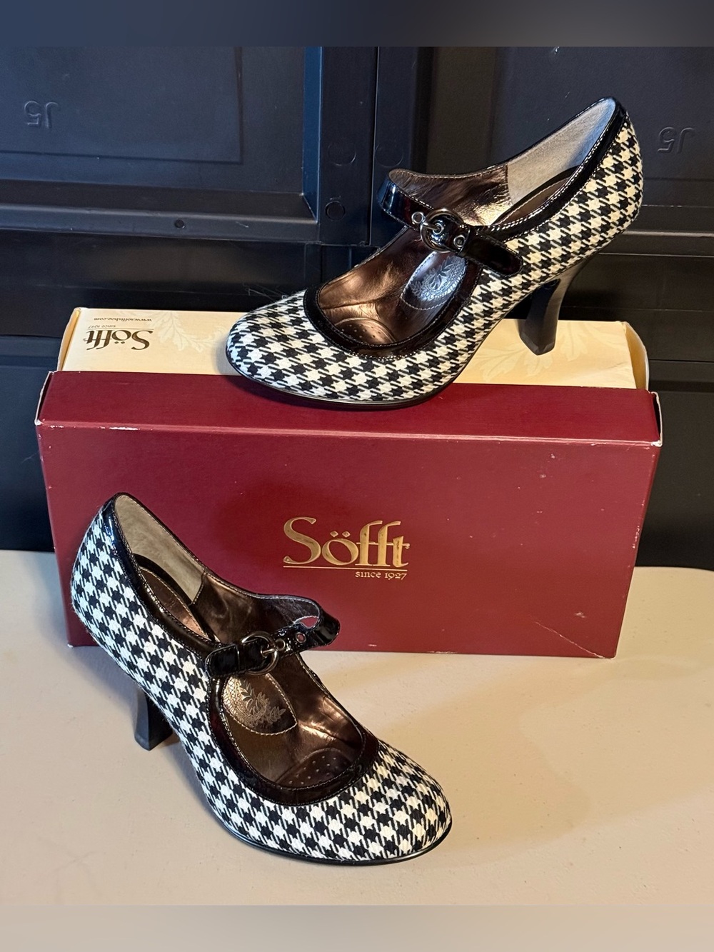 Sofft “Farra” Black & White Houndstooth Mary Jane 4” Heels - Classy and Unique